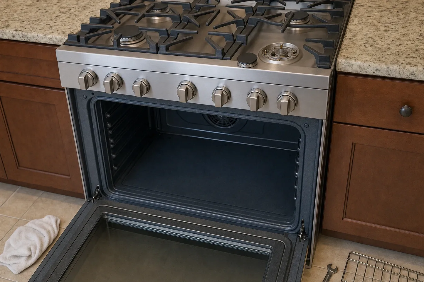 Stainless range with cast-iron grates, one burner cap lifted off and the oven door standing open on an empty cavity, wrench and rack on the floor