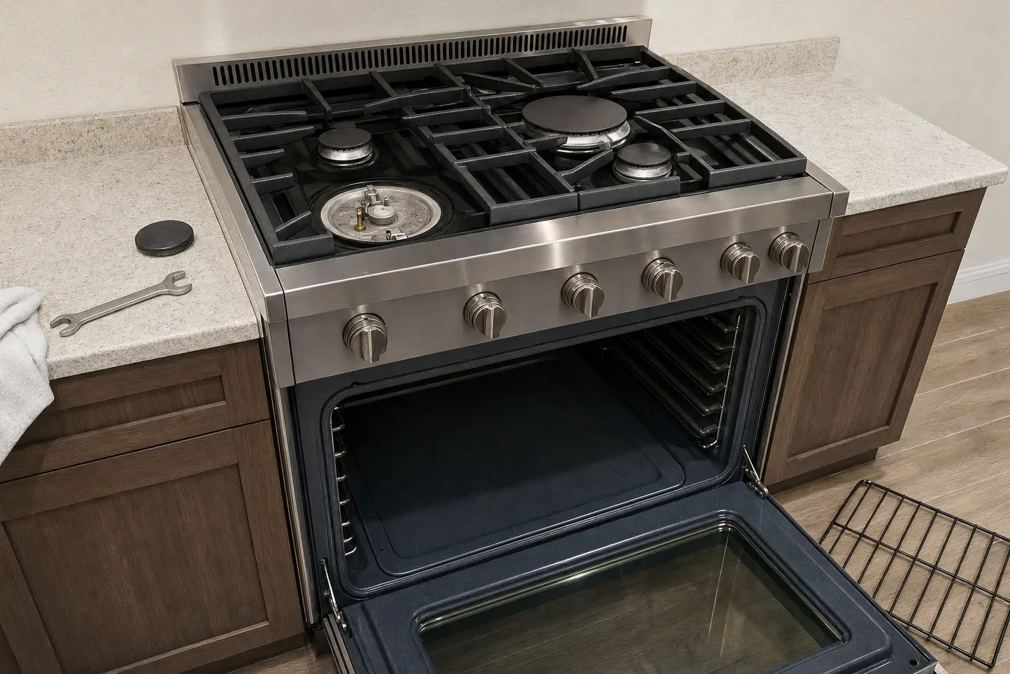 Stainless pro-style gas range with a burner cap removed to the counter, the burner head and igniter exposed, oven racks pulled out
