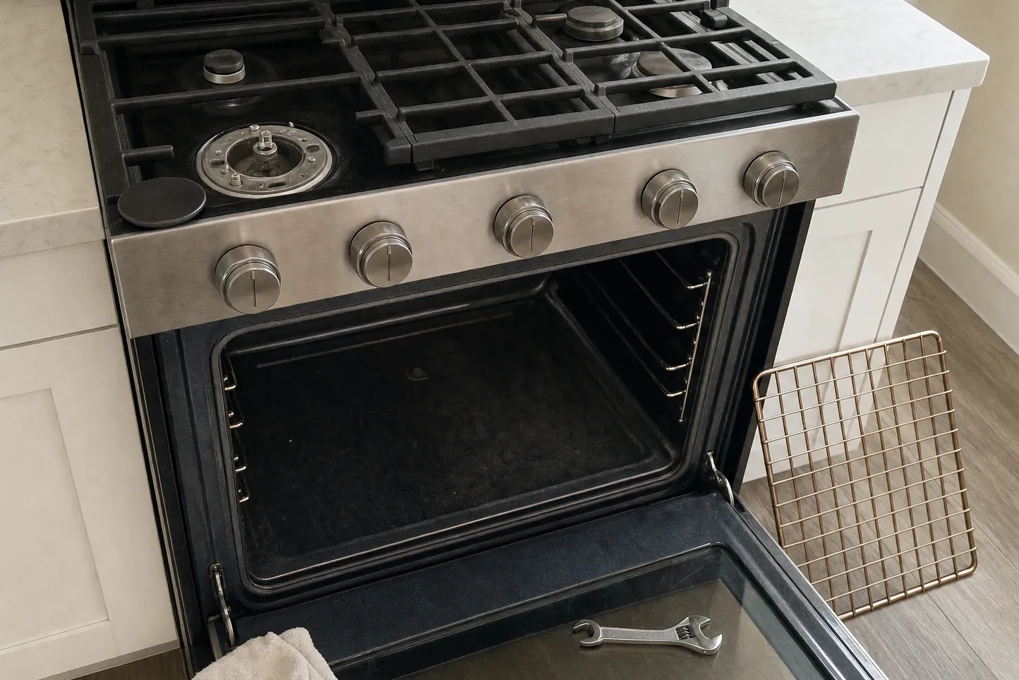 Close view of a single sealed gas burner with the cap removed, the spark electrode and gas orifice exposed inside the burner well