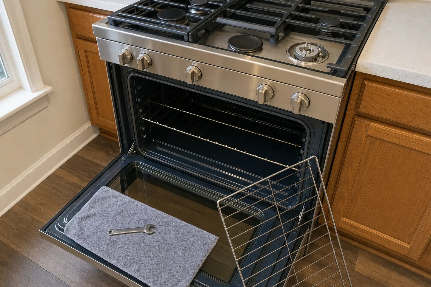 Gas range with the oven door open, one rack still on its runners and a second rack propped against the door, daylight from a window at the left