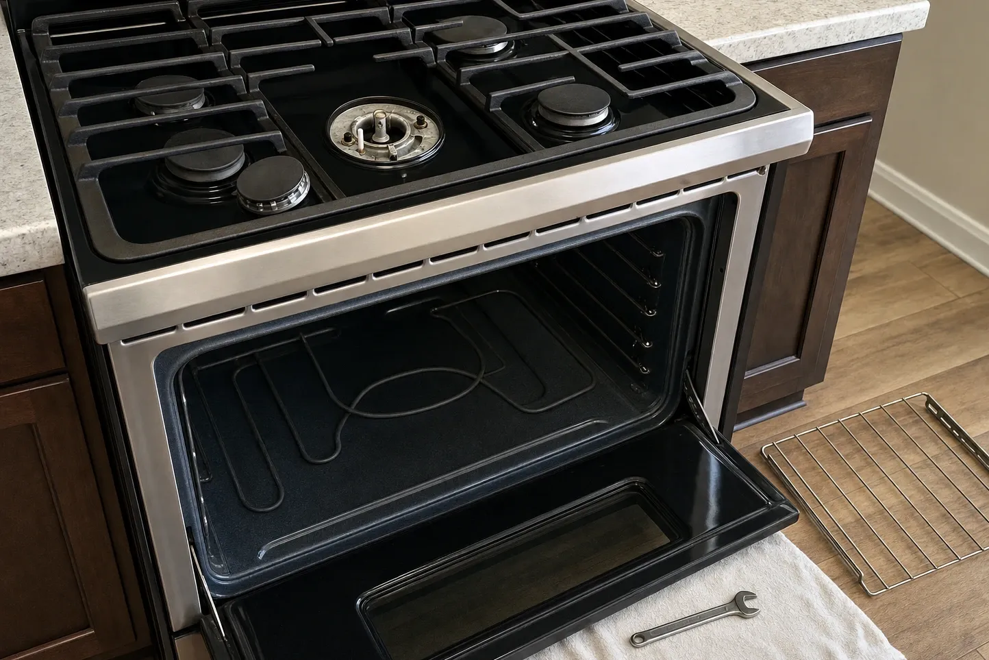 Open oven cavity on a slide-in gas range with the bake element loop visible across the floor of the cavity, rack removed