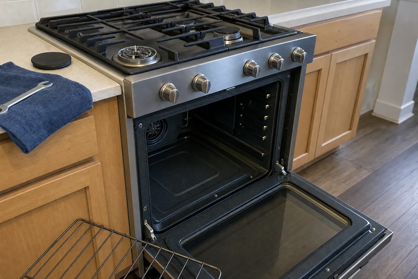 Stainless range built into light oak cabinets with one burner uncapped and the oven open on a round fan grille set low in the side wall of the cavity
