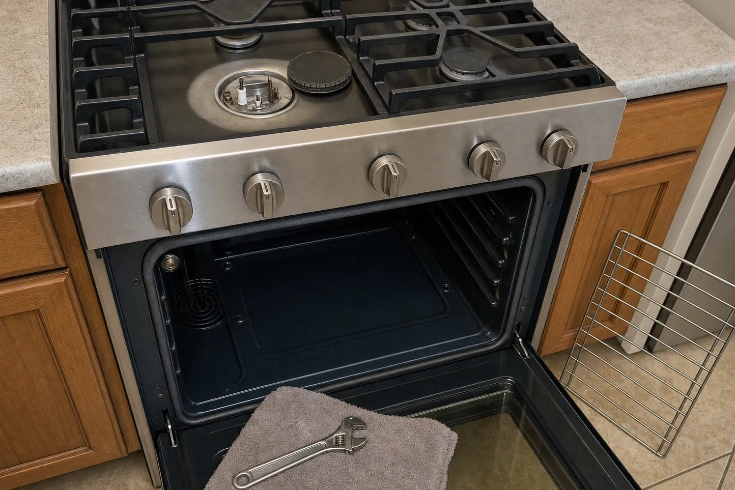 Angled view down onto a stainless range with two white ceramic electrodes and a brass tube exposed on one burner base, an adjustable wrench and a grey towel on the open oven door
